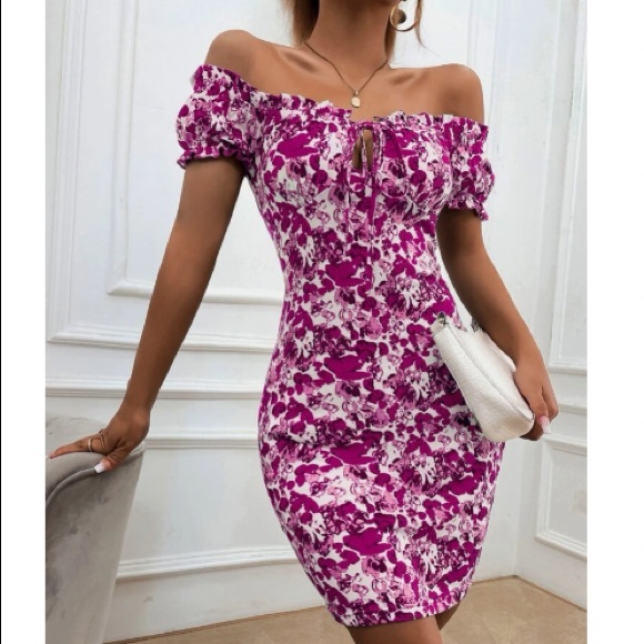 Boho green Floral Print Off Shoulder Bodycon Dress - Picture 16 of 16